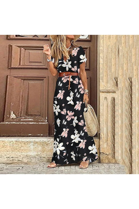 Boho Dresses for Women That Hide Belly Fat Boho Dresses for Women V-Neck Short Sleeve Floral Black L