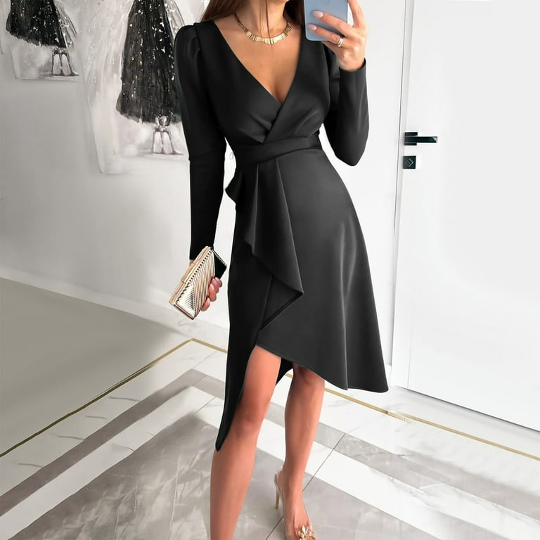 VKEKIEO Dresses That Hide Belly Fat Sun Dress V-Neck Long Sleeve Solid  Black M