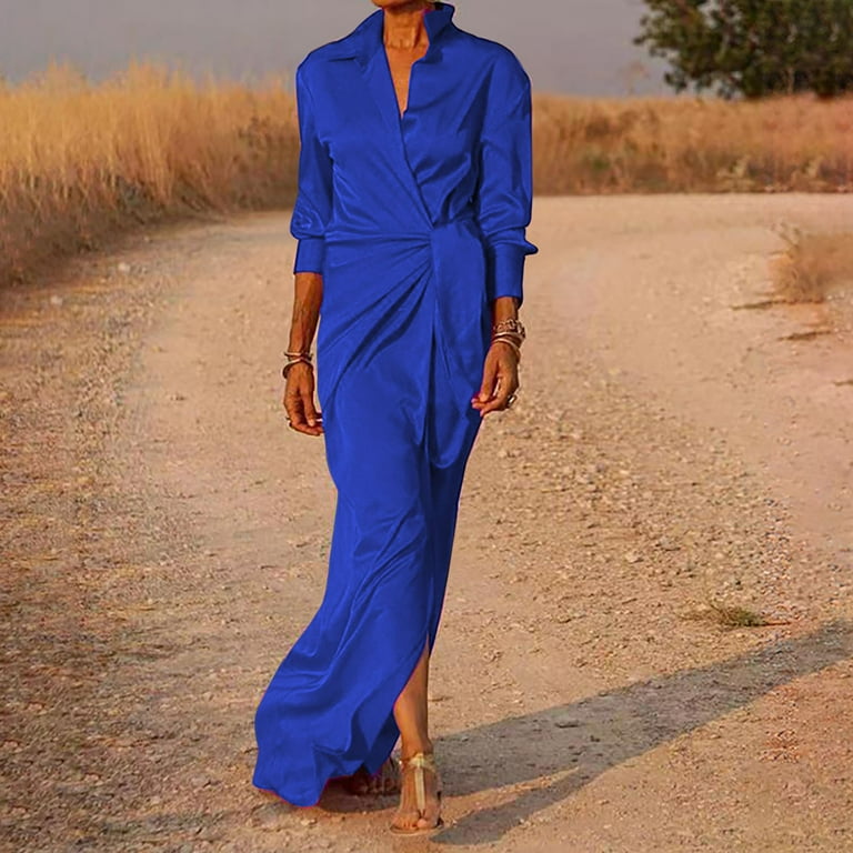 VKEKIEO Dresses That Hide Belly Fat Sun Dress V-Neck Long Sleeve Solid Blue  M