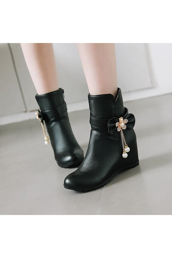 Fall Boots For Women 2025 Round Toe Mid Heel Booties Bow Slip-On Black Winter Boots