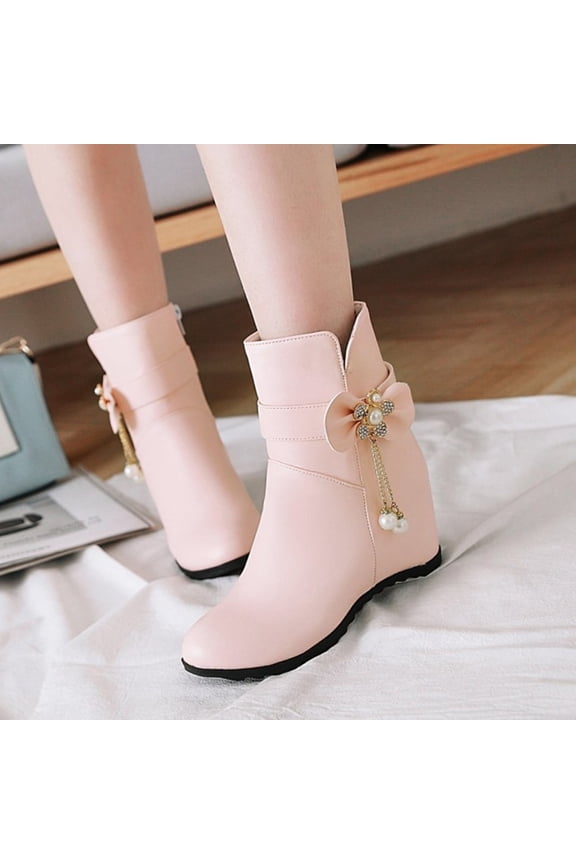 Fall Boots For Women 2025 Round Toe Mid Heel Booties Bow Slip-On Pink Fall Boots
