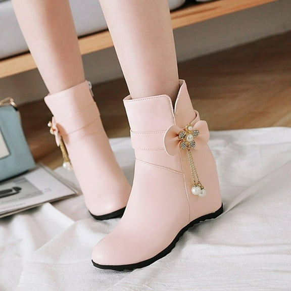 VKEKIEO Fall Boots For Women 2025 Round Toe Mid Heel Booties Bow Slip-On Pink Fall Boots