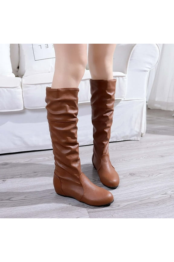 VKEKIEO Flat Toe Boots For Women Knee High Flat Heel Slide Brown 41