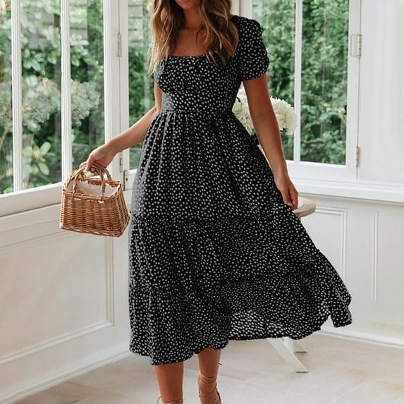 VKEKIEO Flowy Midi Dresses for Women Sun Dress Square Neckline Short Sleeve Printed Black L