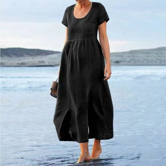 Finelylove Formal Black Dress Flowy Maxi Dress A-line Long Short Sleeve Solid Black XL