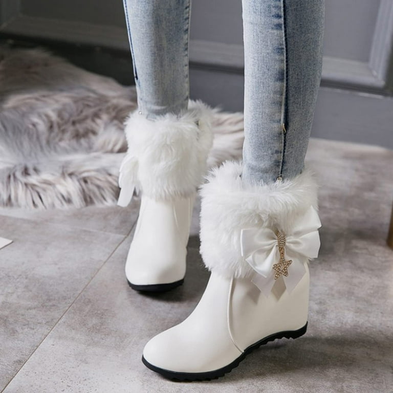 VKEKIEO Girls Ankle Boots Round Toe High Heel Heels Ornamental Zipper Slip On White Winter Boots