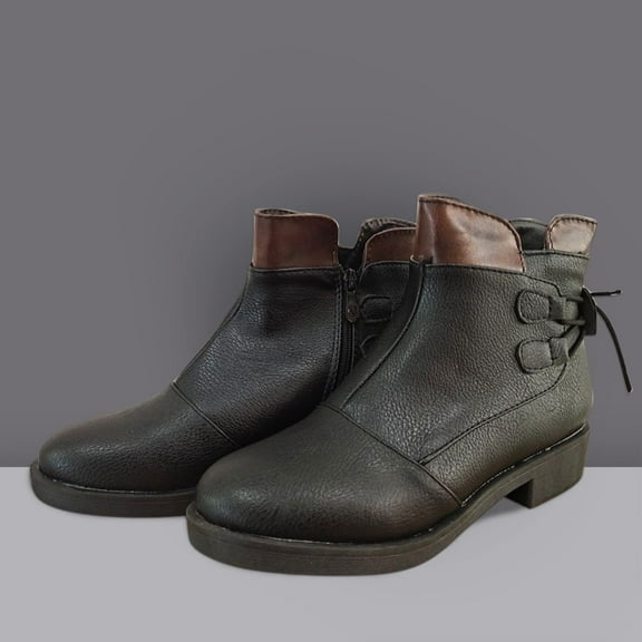 VKEKIEO Girls Ankle Boots Round Toe Mid Heel Booties Ornamental Zipper Slip-On Black Winter Boots