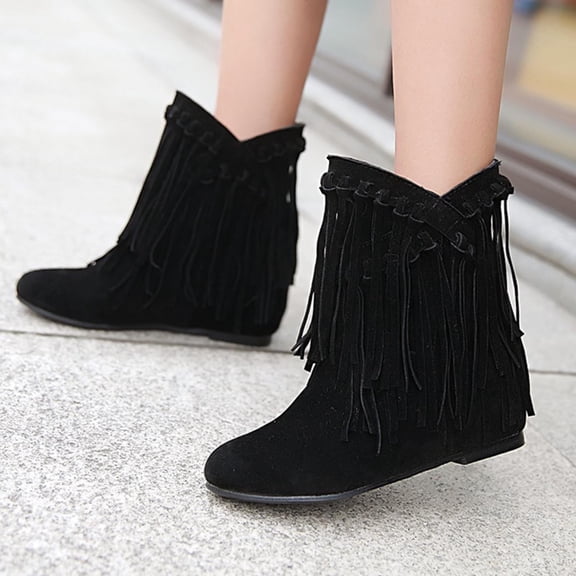 VKEKIEO Black Boots for Women Cowgirl Boots Peak Tassel Peak Toe Ring Mid Heel Booties Fringe Slip-On