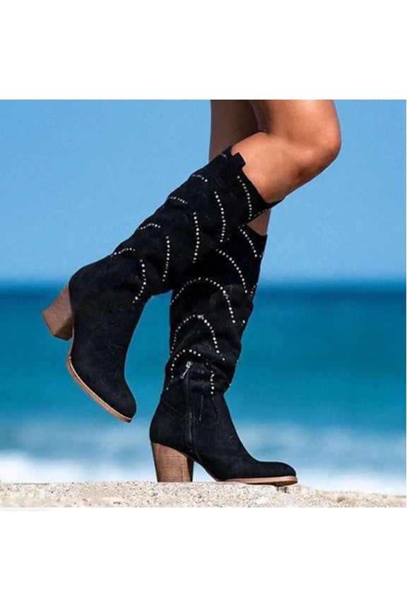 Girls Winter Boots Square Toe Mid Heel Heels Rhinestone Slip-On Black Winter Boots