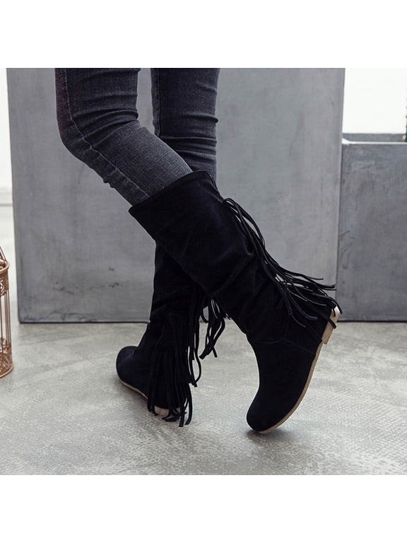 High Boots For Women Round Toe High Heel Walking Shoes Fringe Slip-On Black
