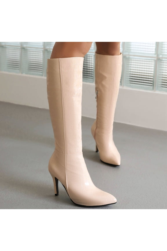 High Boots Round Toe High Heel Heels Slip-On Beige Fall Boots
