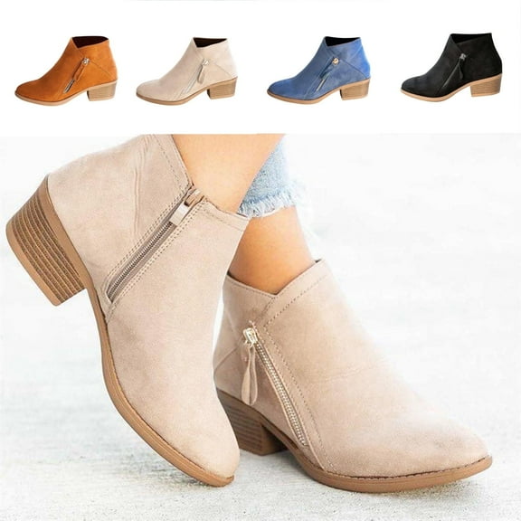 AXXD Ankle Boots for Women Round Toe Low Heel Booties Slip-on Beige