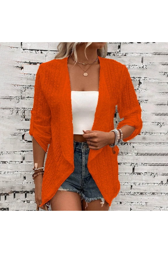 Long Cardigans For Women Scoop Neck Cardigan Long Sleeve Solid 95%Polyester,5%Spandex Orange Winter Cardigans For Women
