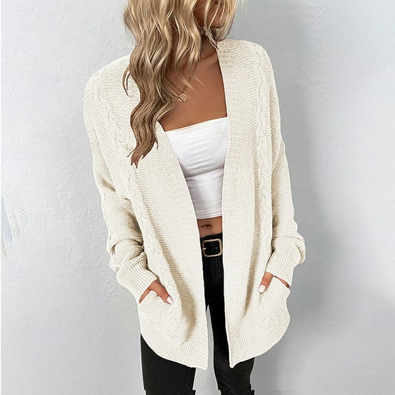 VKEKIEO Long Cardigans For Women Scoop Neck Cardigan Long Sleeve Solid Acrylic Beige Winter Cardigans For Women