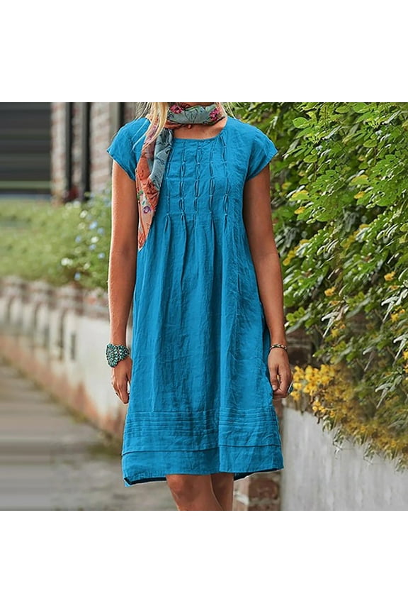 Maxi Dress For Women Mini Crew Neck Short Sleeve Printed Blue L