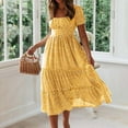 thumbnail image 1 of VKEKIEO Maxi Dress for Women,Flowy Yellow Dresses,Square Neckline Short Sleeve Printed L, 1 of 9