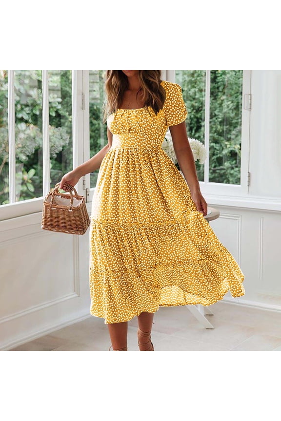 Maxi Dress for Women,Flowy Yellow Dresses,Square Neckline Short Sleeve Printed L