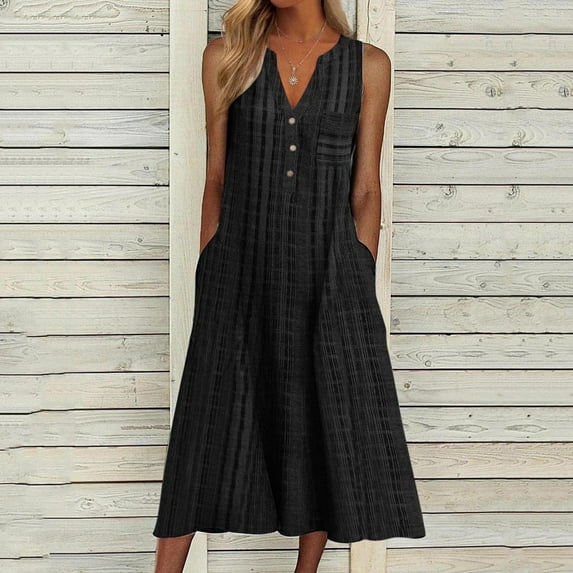 VKEKIEO Maxi Dress for Women Maxi V-Neck Sleeveless Striped Black XXXL