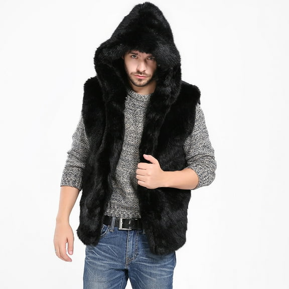 VKEKIEO Men Faux Fur Vest Jacket Sleeveless Winter Body Warm Coat Hooded Waistcoat Gilet