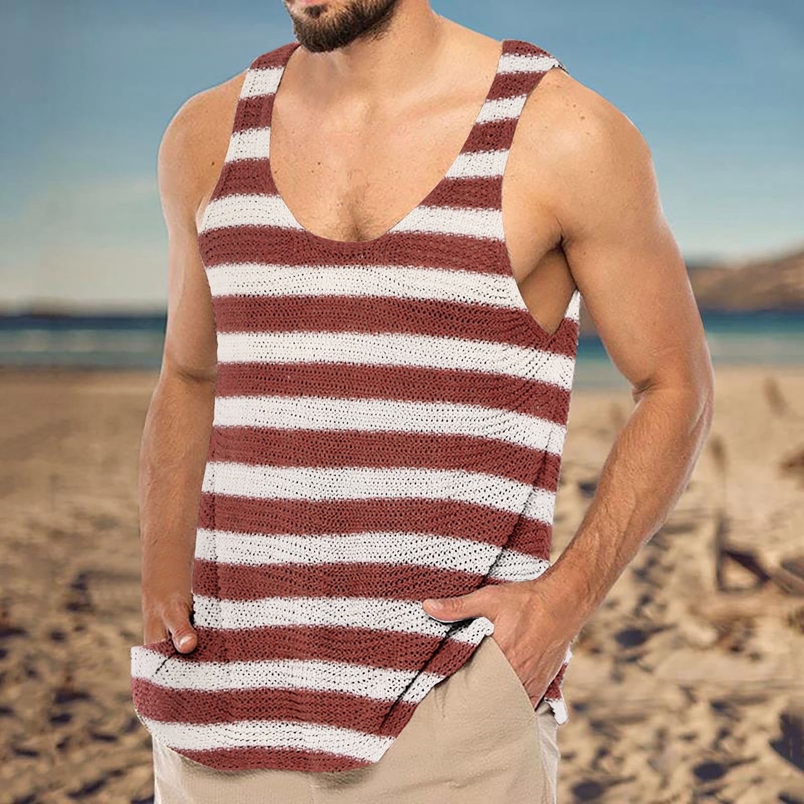 VKEKIEO Men's Summer Knit Striped Vest Slim Knit Sweater Tank Tops