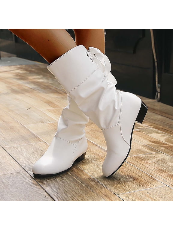 Mid Calf Boots for Women Round Toe High Heel Walking Shoes Lace Lace-up White Winter Boots