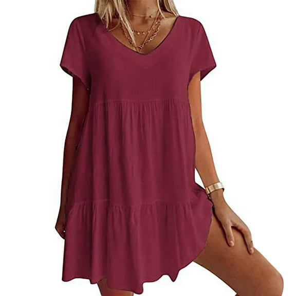 VKEKIEO Midi Dresses For Women Peplum V-Neck Short Sleeve Floral Red L