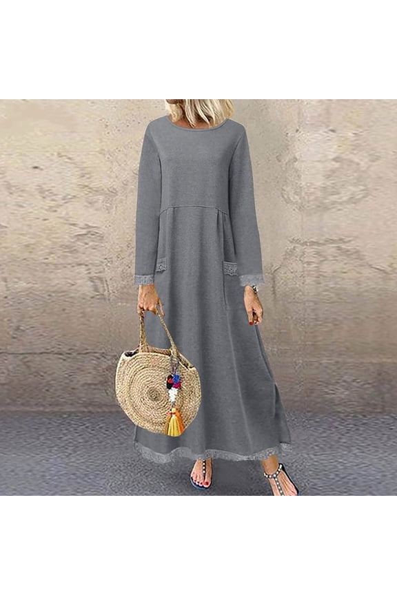 Midi Dresses For Women Sweater Crew Neck Long Sleeve Printed Gray S