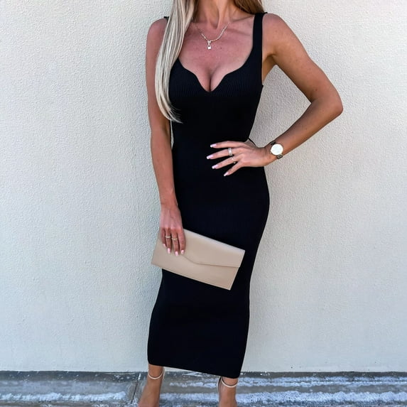 VKEKIEO Midi Dresses For Women Wrap V-Neck Sleeveless Solid Black S