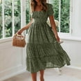 thumbnail image 1 of VKEKIEO Midi Dresses for Women,Women's Dresses,Square Neckline,Short Sleeve,Mid-Length,Polka Dot,Green,Vacation Dresses, 1 of 9
