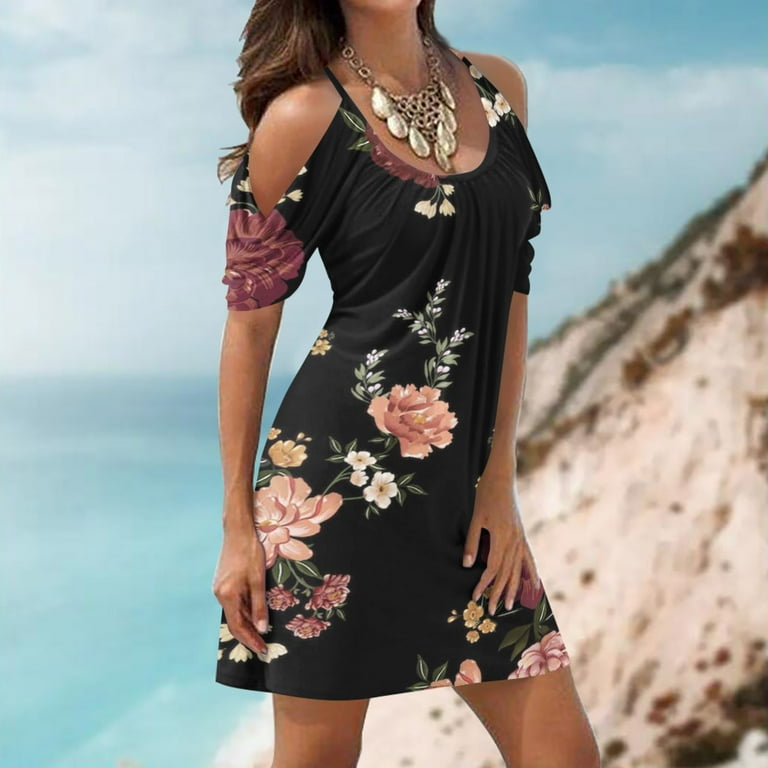 VKEKIEO Off The Shoulder Dress Beach Dresses A line Above the Knee Short Sleeve Floral Red L Walmart