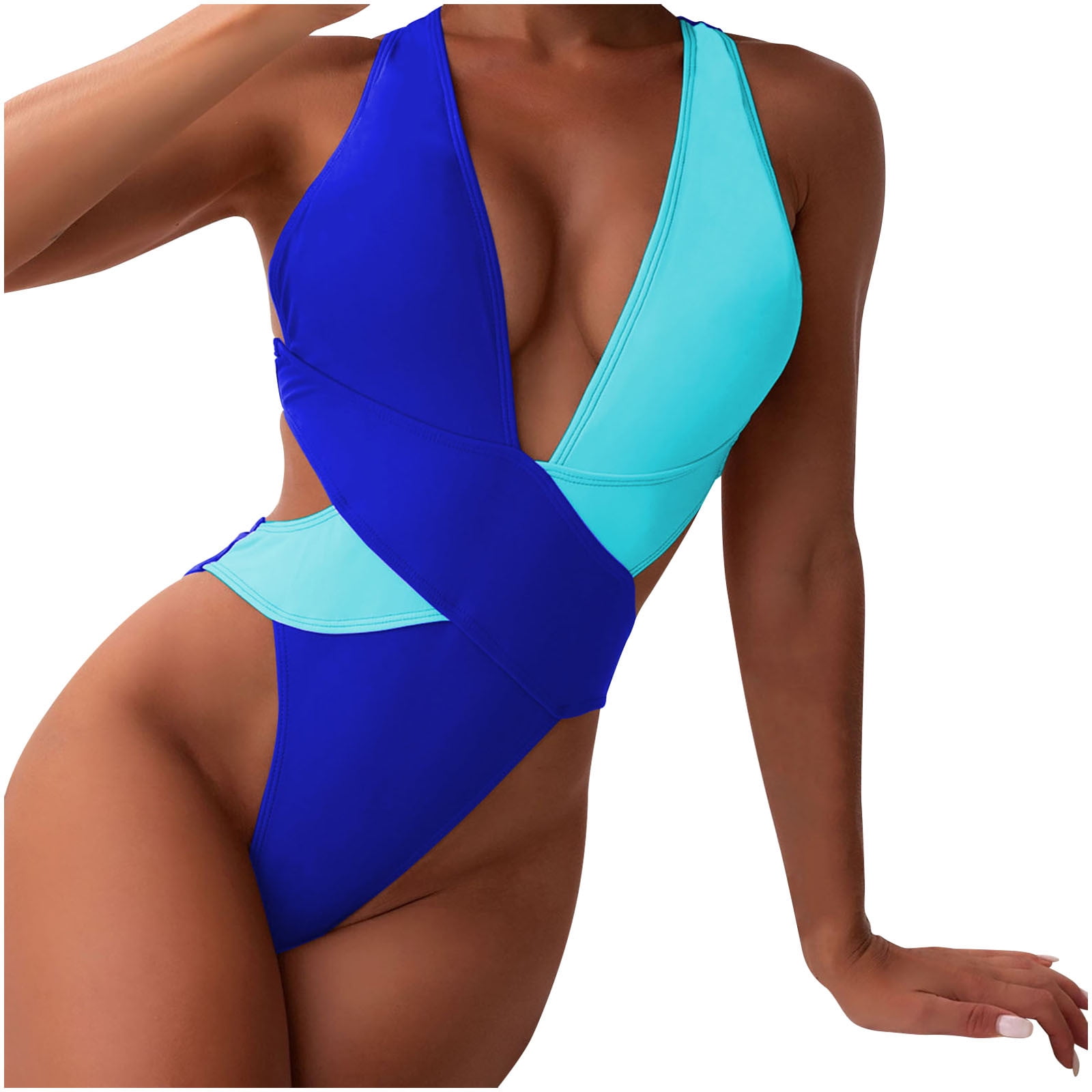 VKEKIEO One-Piece Swimsuit One Shoulder Bra Style Support Blue S