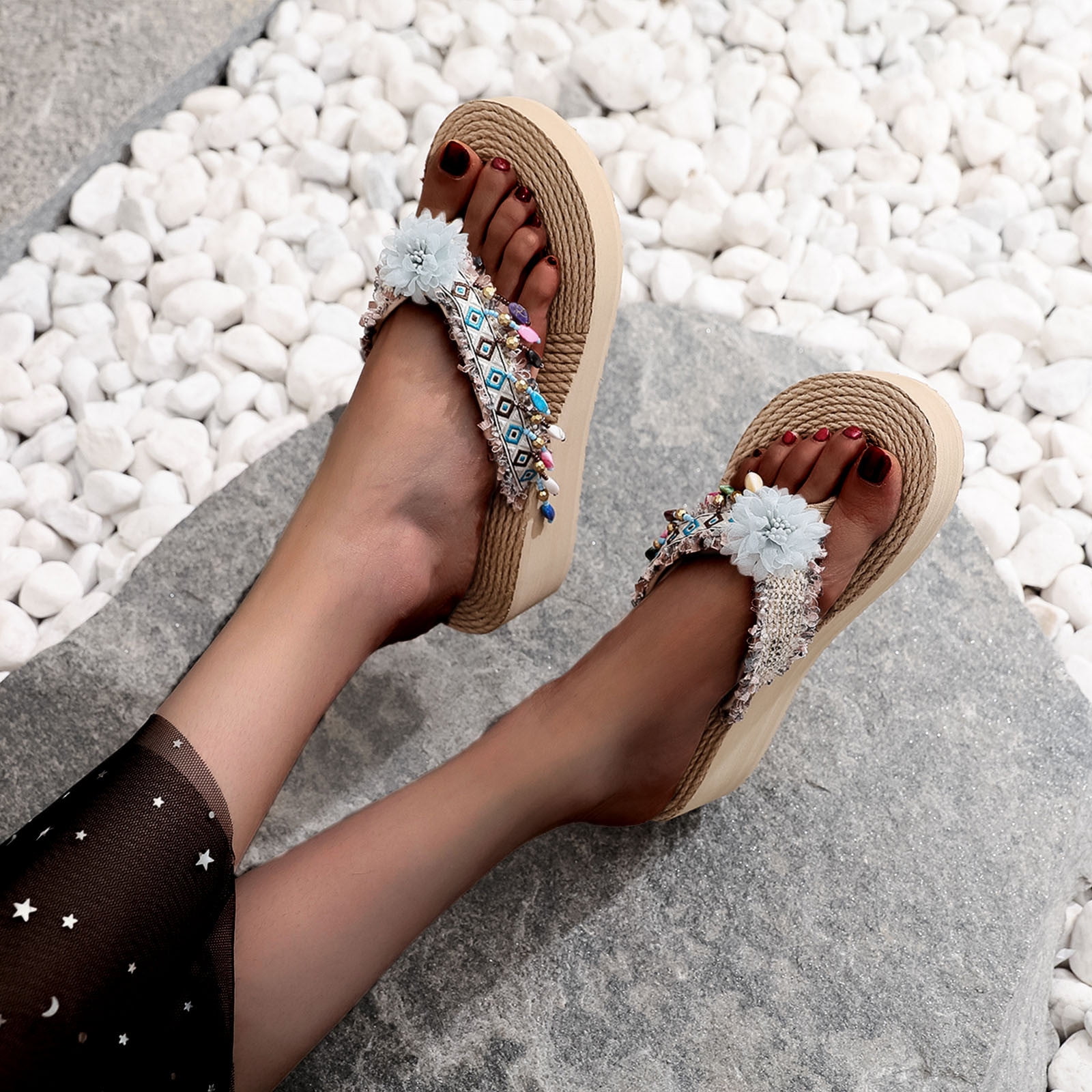 VKEKIEO Open Toe Bedroom Slippers Women High Heel Platform Blue ...