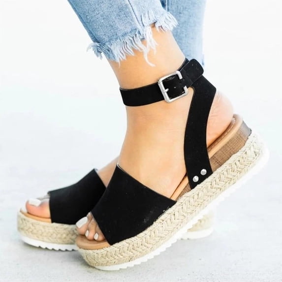 VKEKIEO Open Toe Casual Shoes For Women High Heel Buckle Black 43
