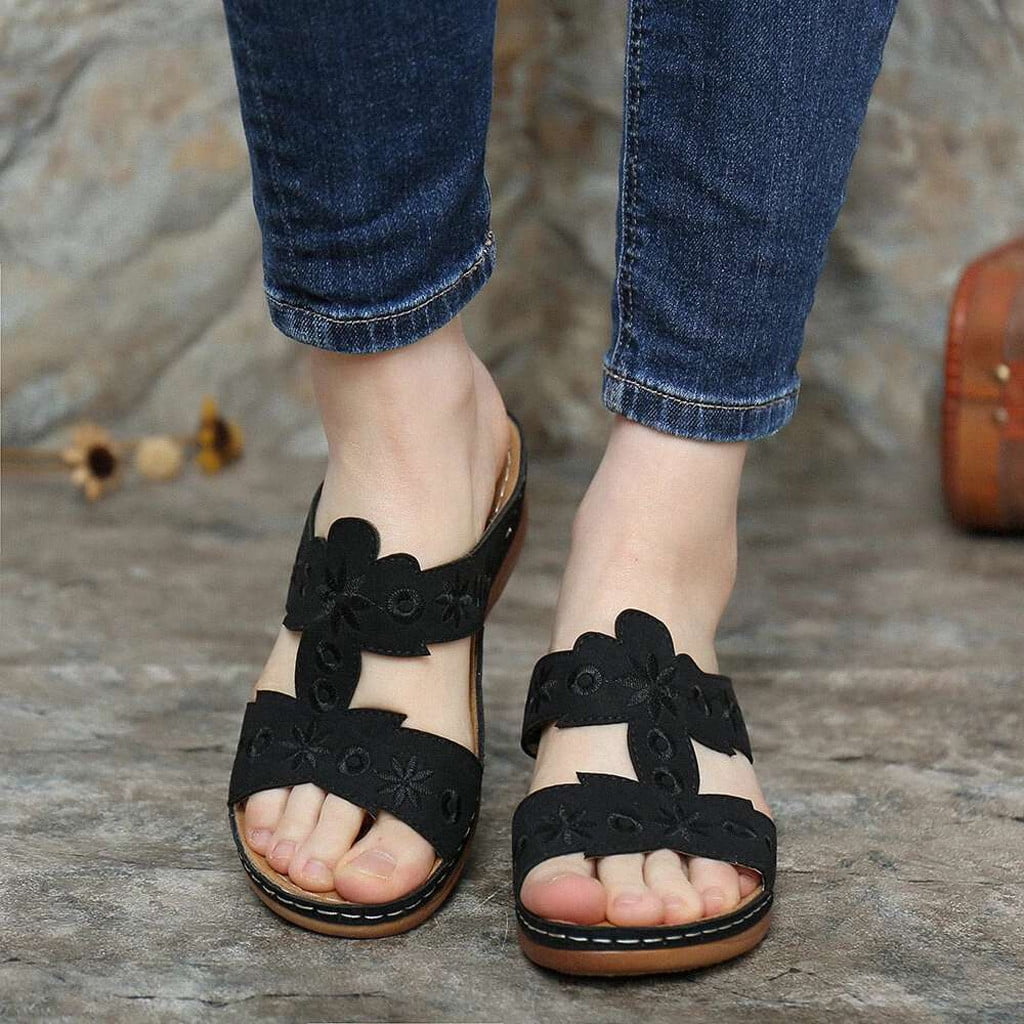 VKEKIEO Open Toe Dearfoam Slippers Women Flat Heel Platform Black