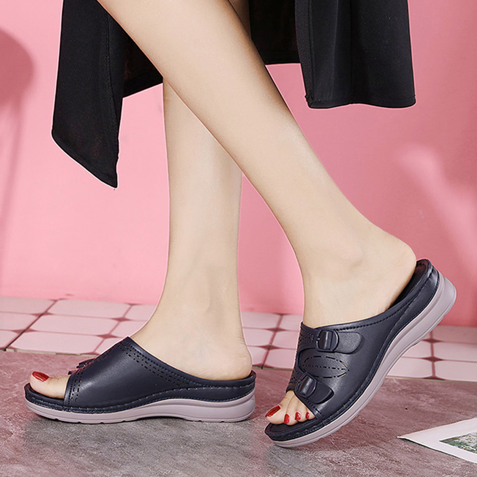 VKEKIEO Open Toe Dearfoam Slippers Women High Heel Platform Black