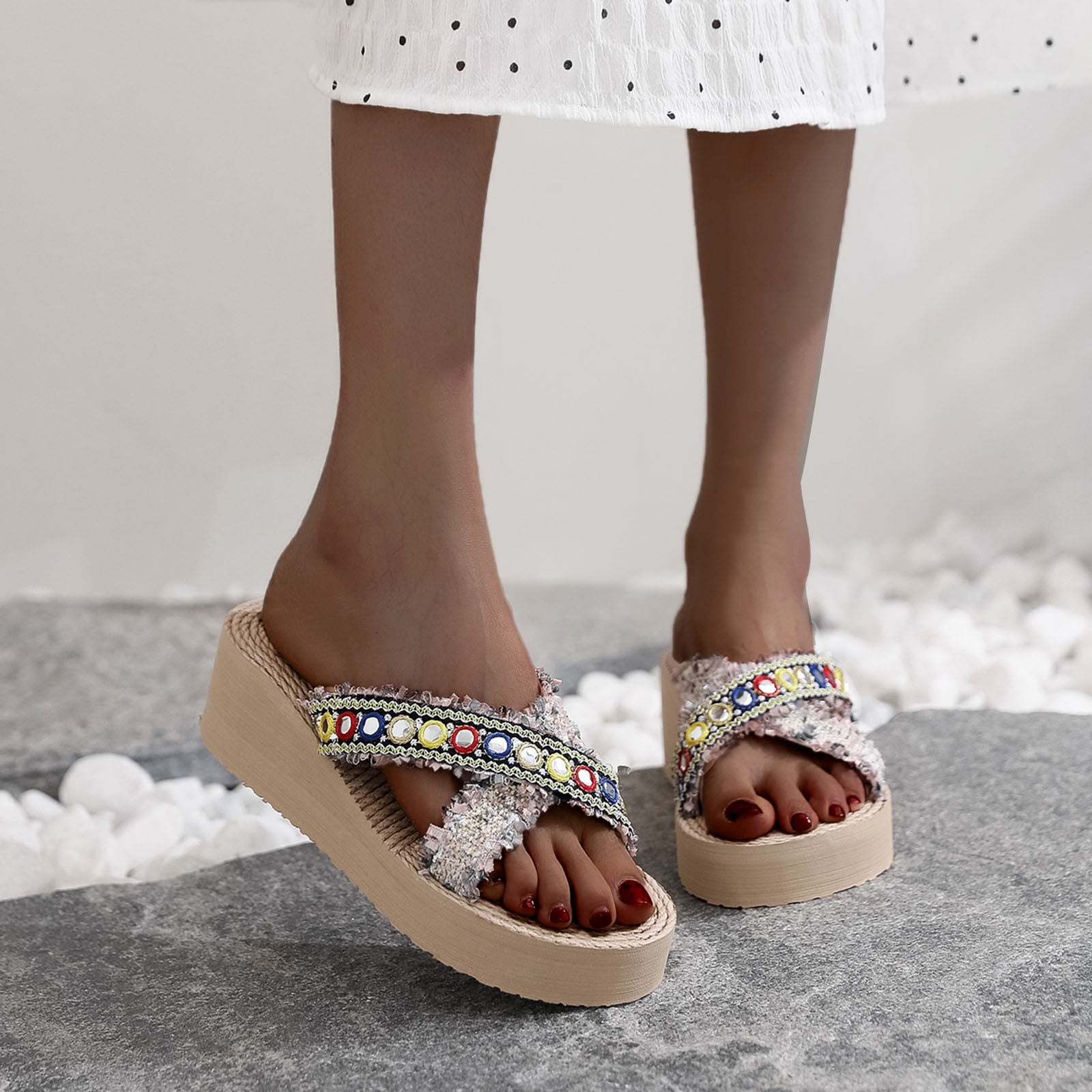 VKEKIEO Open Toe Dearfoam Slippers Women High Heel Platform Black