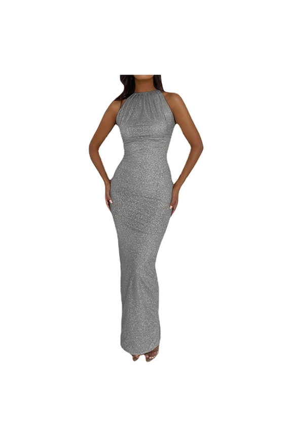 Party Dress For Women Evening Gown Crew Neck Sleeveless Printed Gray S