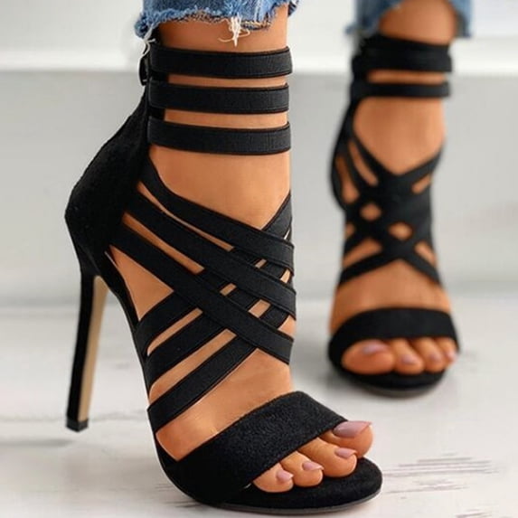 VKEKIEO Peep Toe Heels For Women High Heel Slingback Ornamental Zipper Black 39