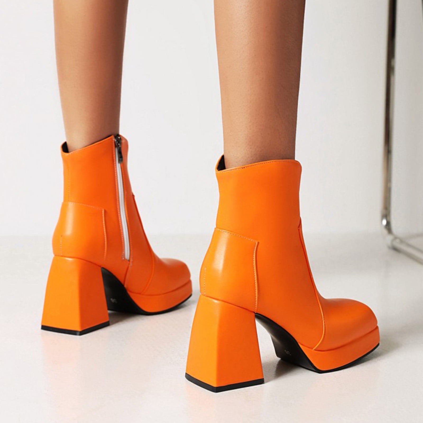 VKEKIEO Platform Boots Square Toe High Heel Platform Shoes Ornamental