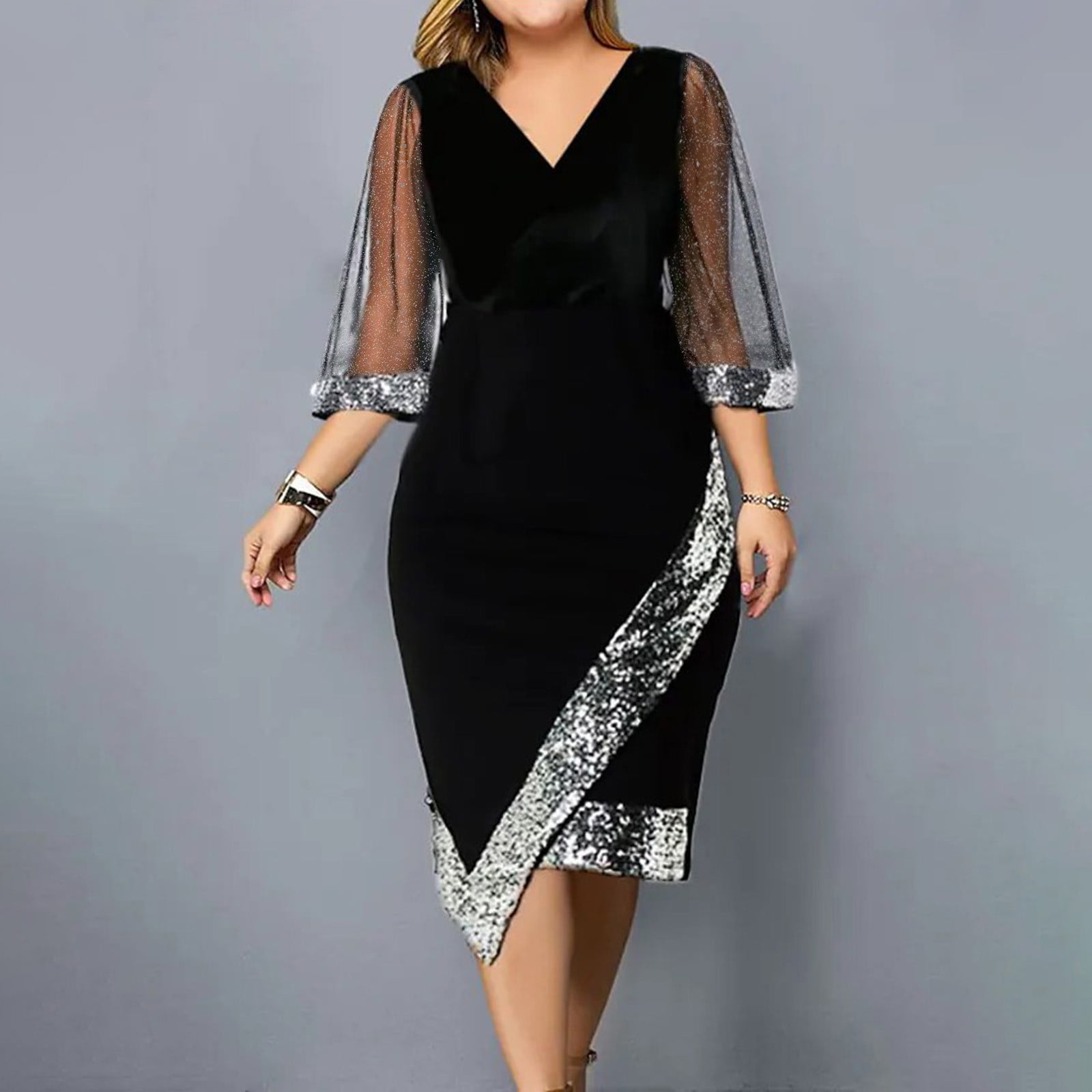 VKEKIEO Plus Size Prom Dresses For Teens Sundresse For Woman A line Regular Elbow Length Printed Black L