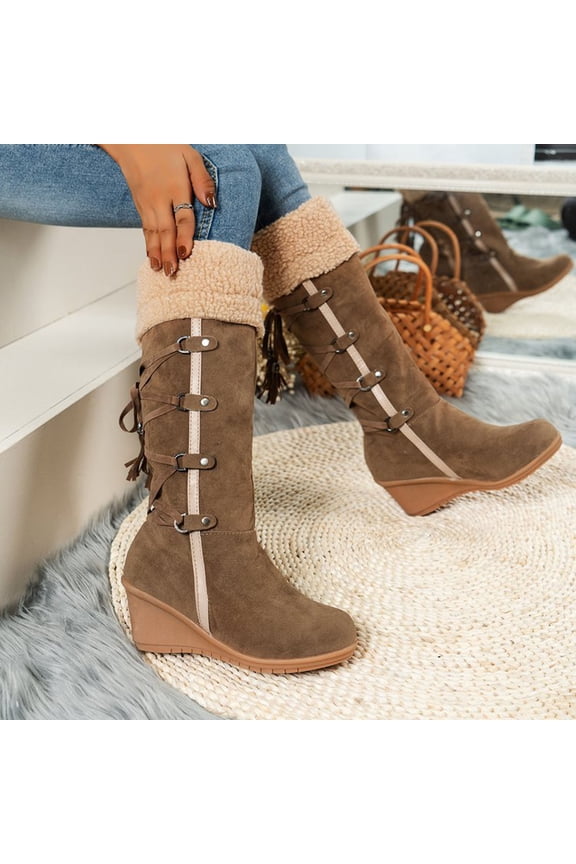 Plus Size Thigh High Boots Round Toe Mid Heel Booties Fringe Slip-On Brown Fall Boots