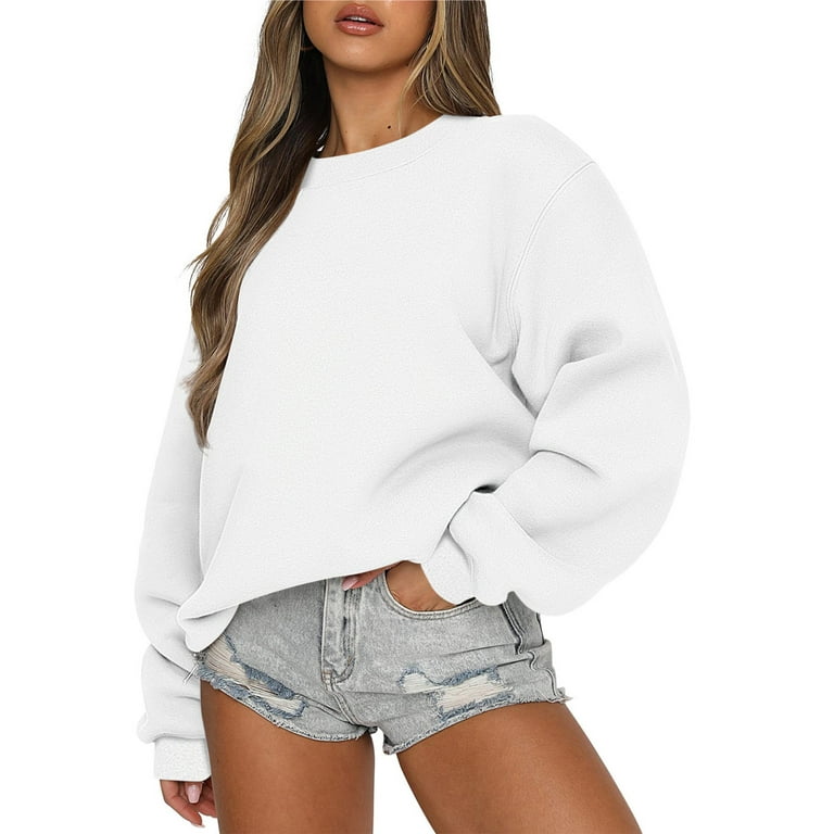 VKEKIEO Polyester Sweatshirts For Women Plus Size Crew Neck Long Sleeve  Pullover Solid White XL