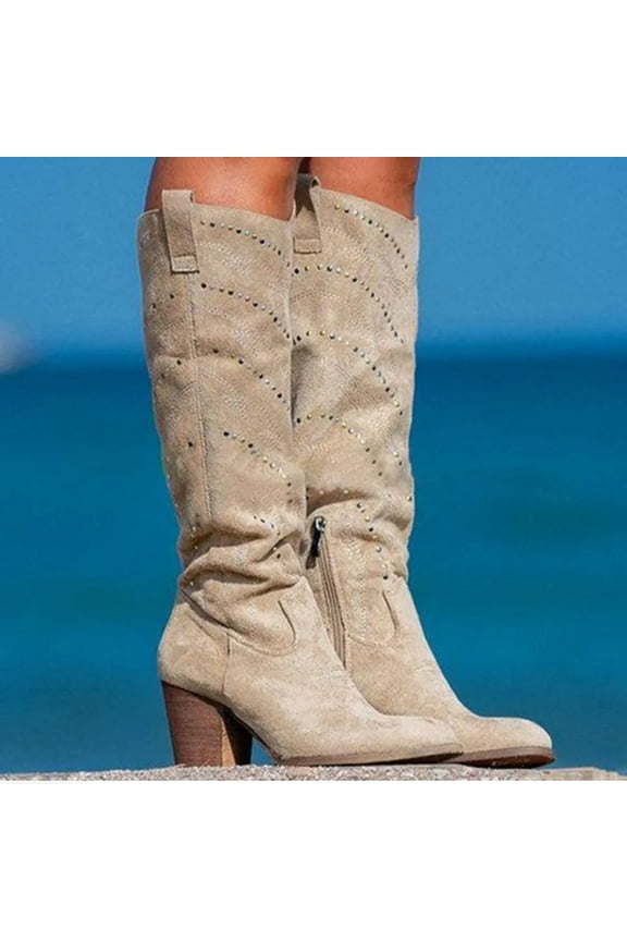 Rhinestone Boots For Women Square Toe Mid Heel Heels Rhinestone Slip-On White Winter Boots