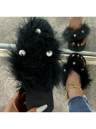 Real Farm Fox Sandals Furry Fur Slippers With Diamond Chain Fluffy Women's  Shoes