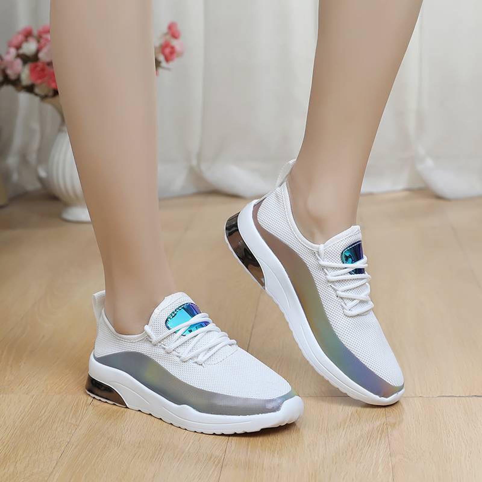 VKEKIEO Round Toe Womens Sneakers High Heel Lace Up Lace White 42