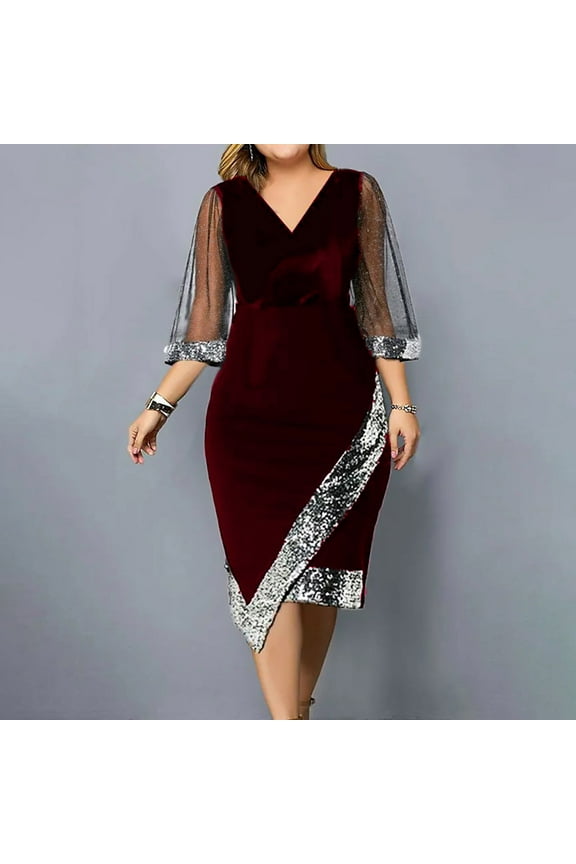 Sexy Birthday Dress Elegant Dress For Women A-line Regular Elbow-Length Printed Wine M