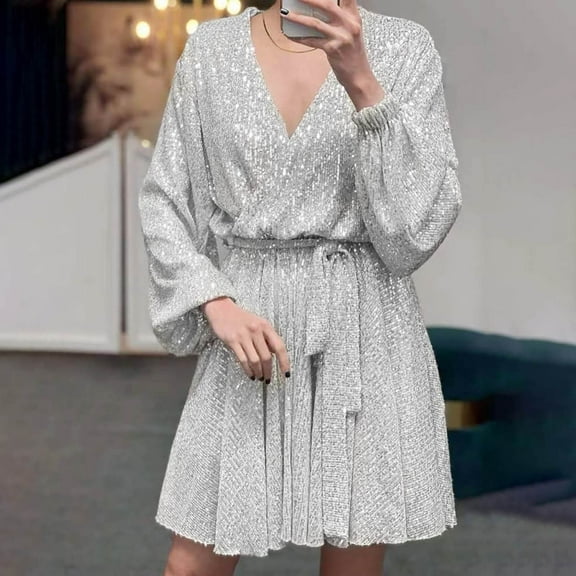 VKEKIEO Sexy Birthday Dress Jumpsuits Woman Shirt Dress Long Long Sleeve Solid Silver S