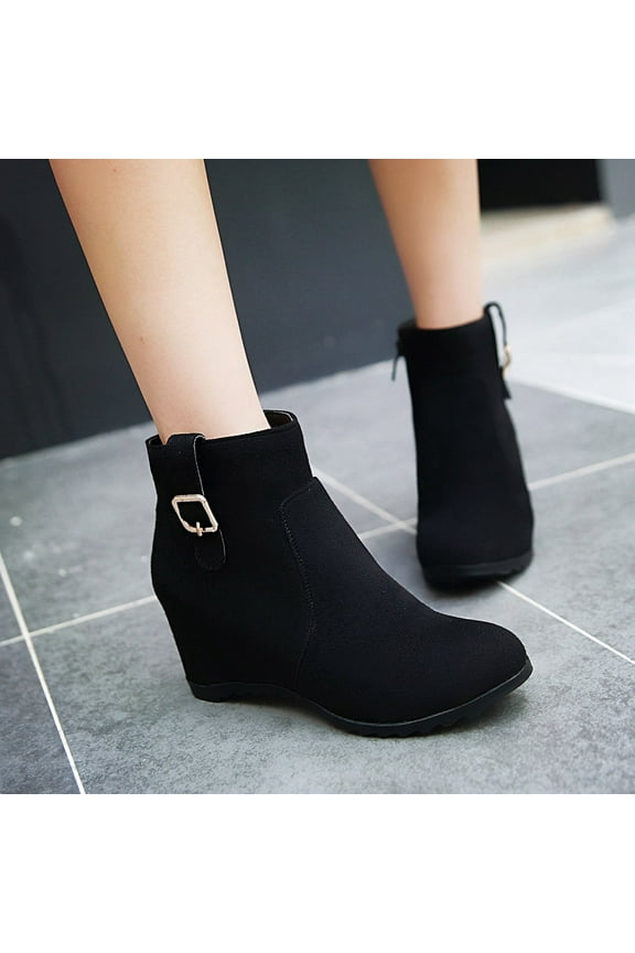 Short Boots For Women Round Toe High Heel Walking Shoes Ornamental Zipper Buckle Black Winter Boots