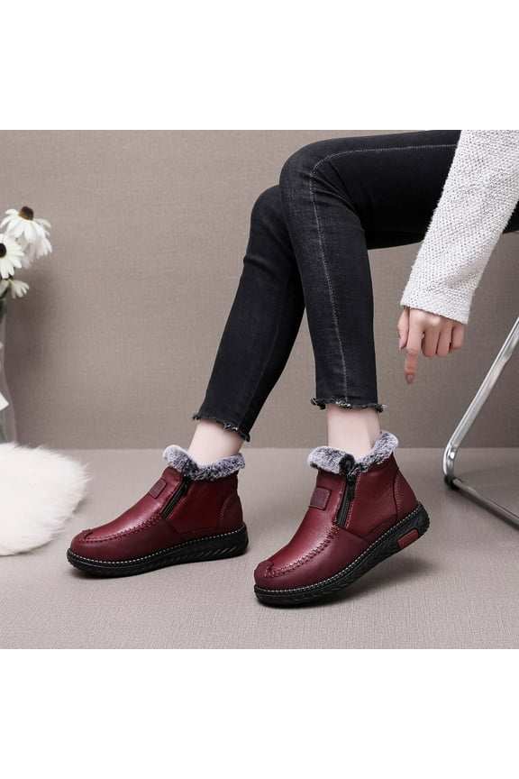 Slip On Boots Women Flat Toe Flat Heel Walking Shoes Slip-On Red Winter Boots