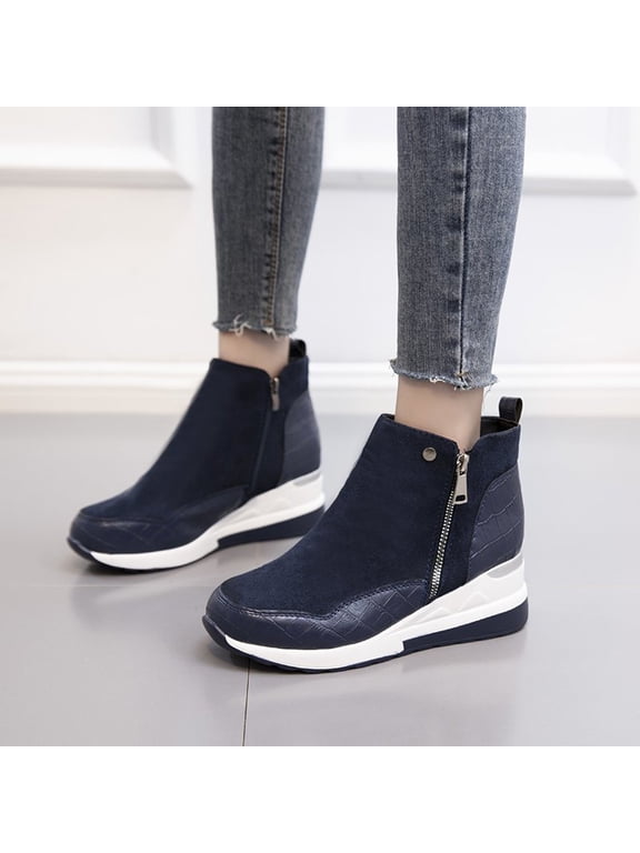 Sock Boots For Women Round Toe Low Heel Heels Ornamental Zipper Slip-On Blue Fall Boots
